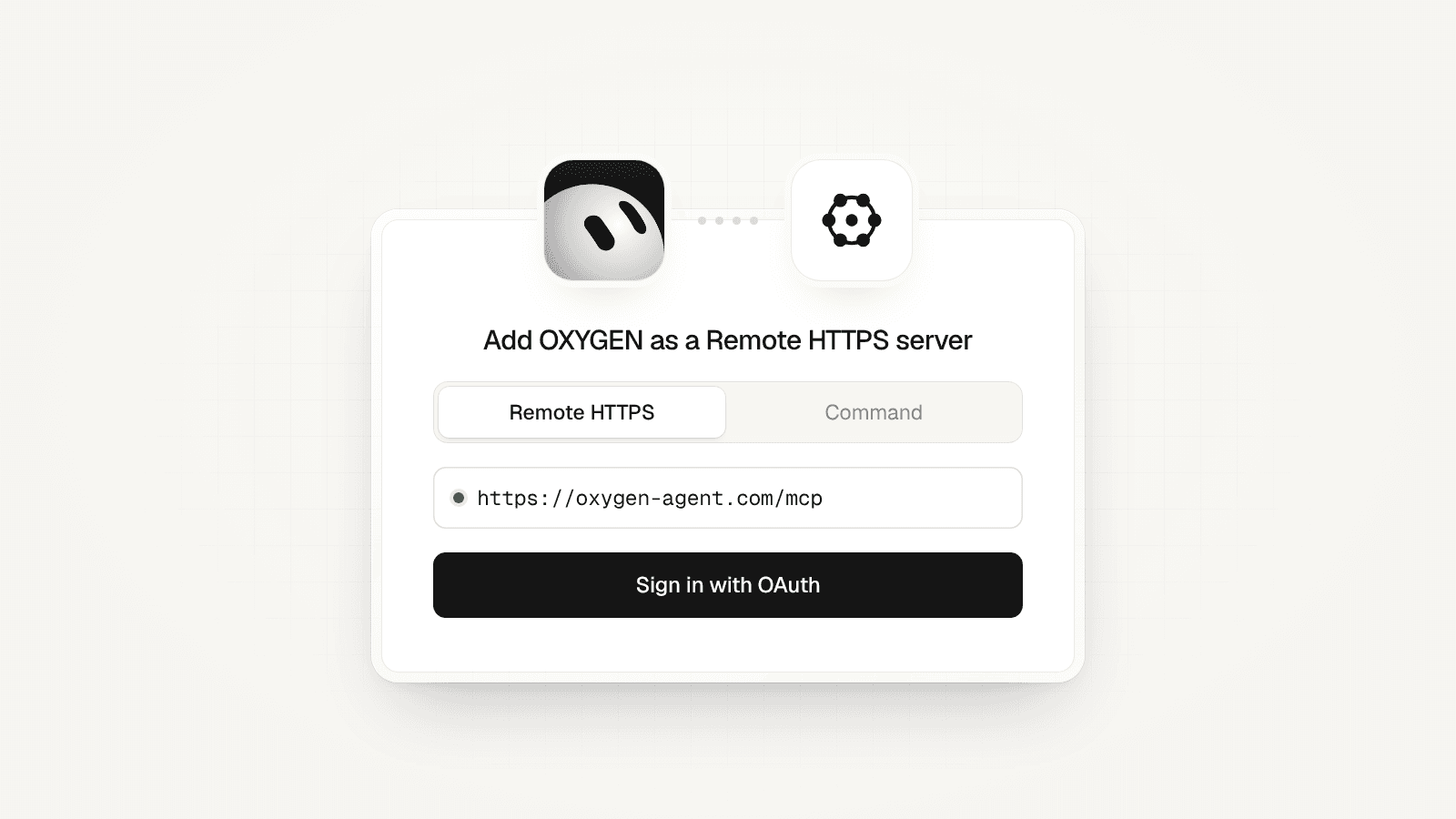 A connect card with the Grok Bot mark linked to the OXYGEN mark: Remote HTTPS, https://getoxygenhq.com/mcp, and Sign in with OAuth.